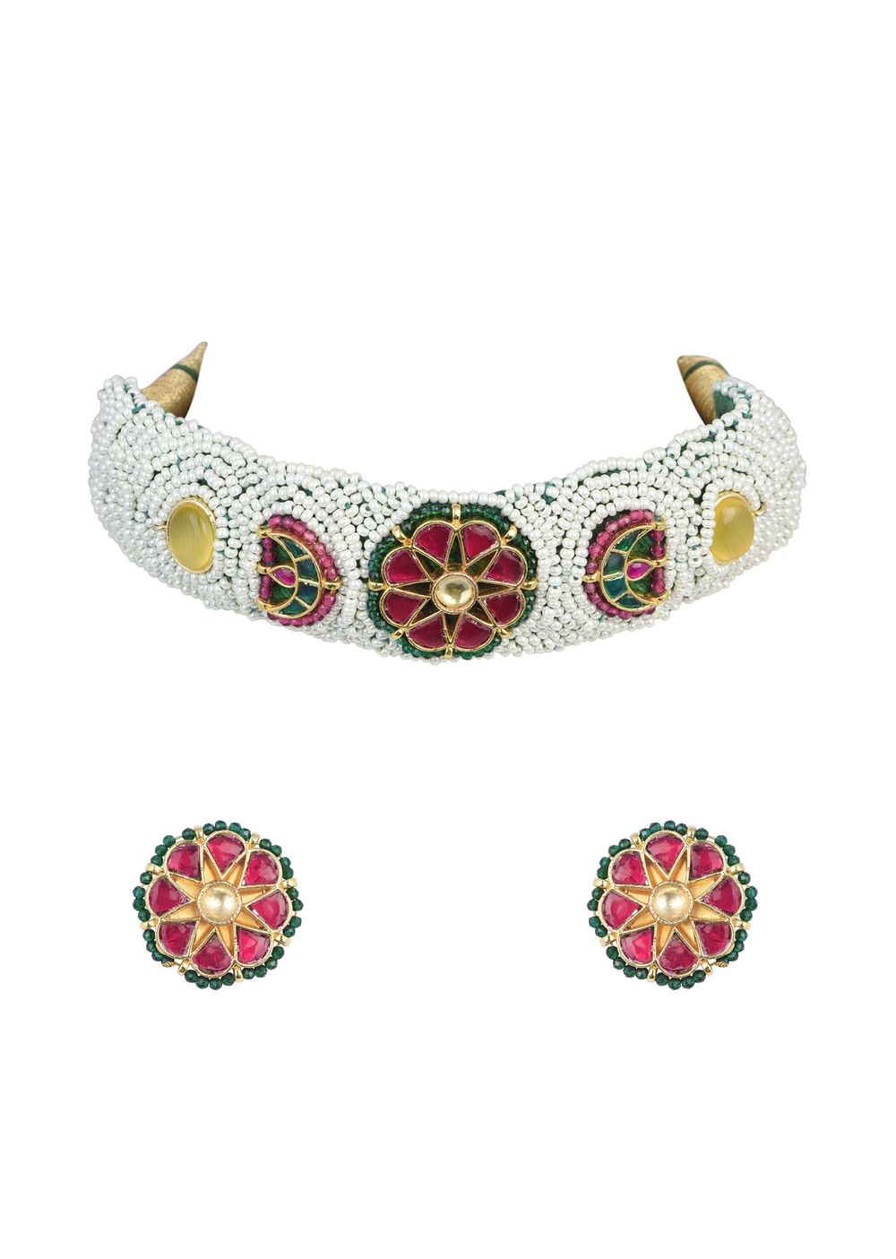 White Rajasthani Ponchi Choker Set With Kundan Detail