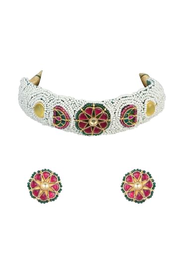 White Rajasthani Ponchi Choker Set With Kundan Detail