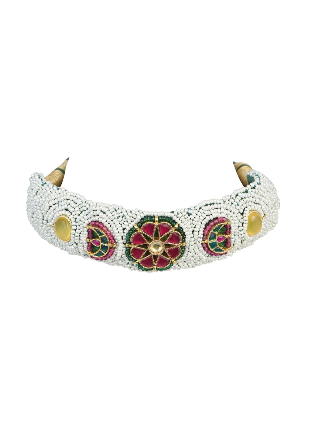 White Rajasthani Ponchi Choker Set With Kundan Detail