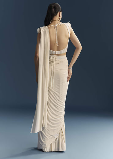 White Ready Pleated Saree With Cutdana Work