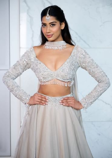 White Ruffle Lehenga With Blouse And Choker Dupatta