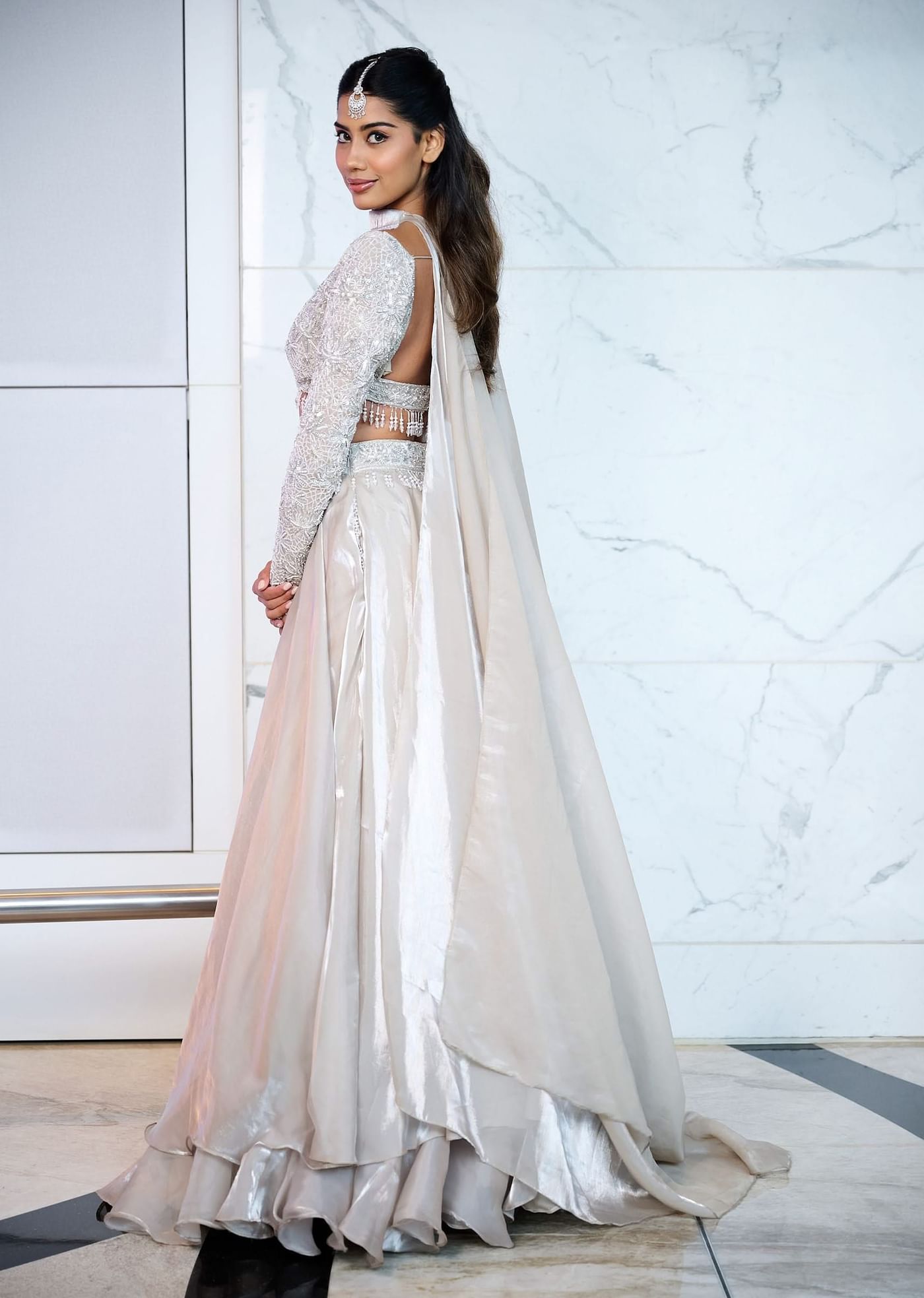 White Ruffle Lehenga With Blouse And Choker Dupatta