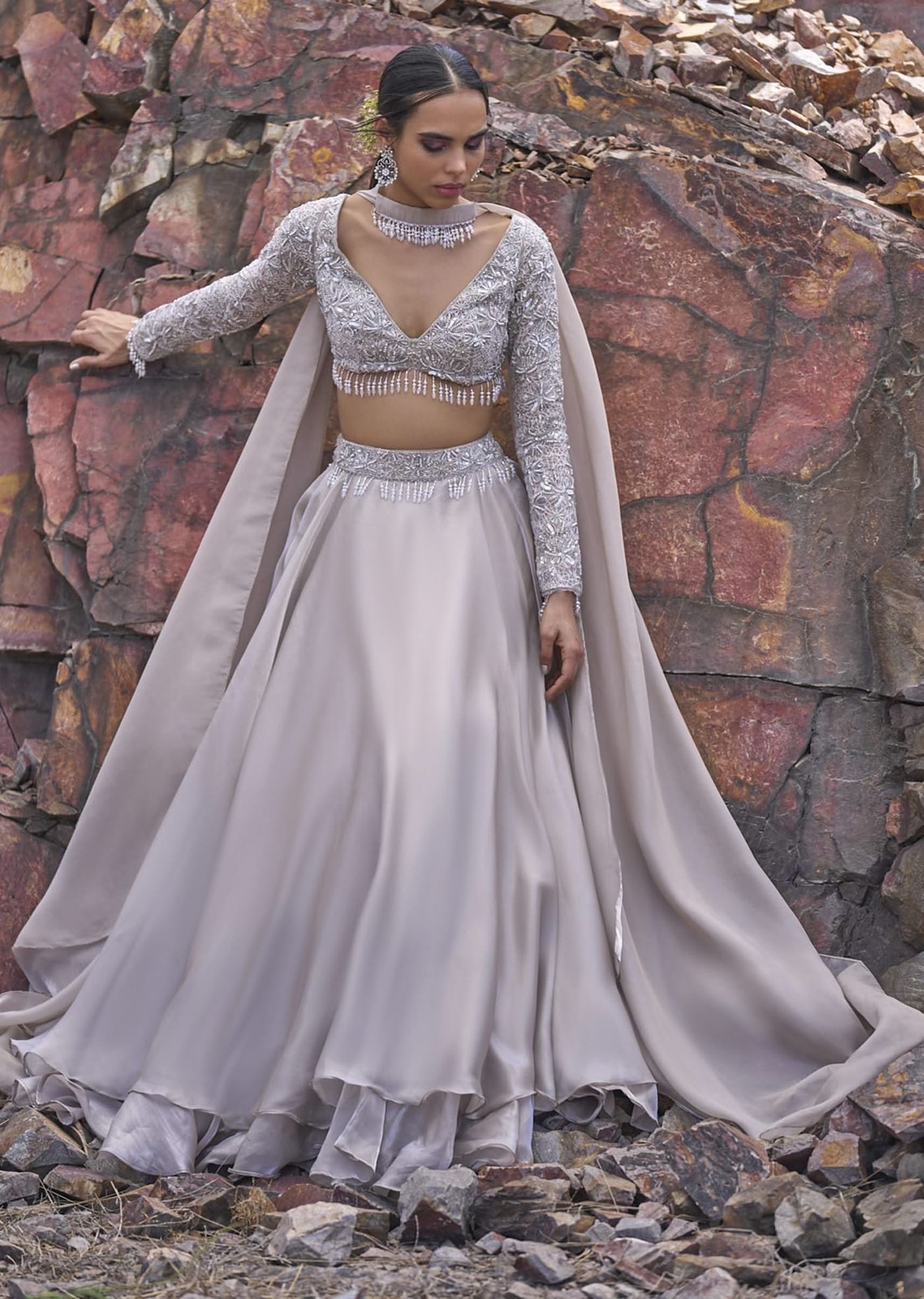 White Ruffle Lehenga With Blouse And Choker Dupatta