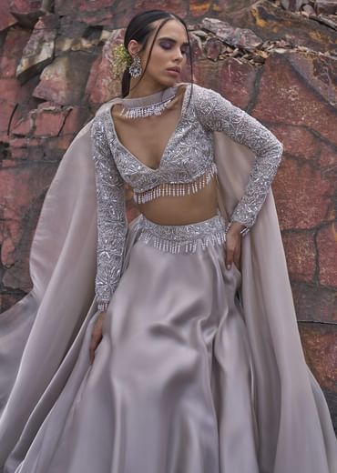 White Ruffle Lehenga With Blouse And Choker Dupatta