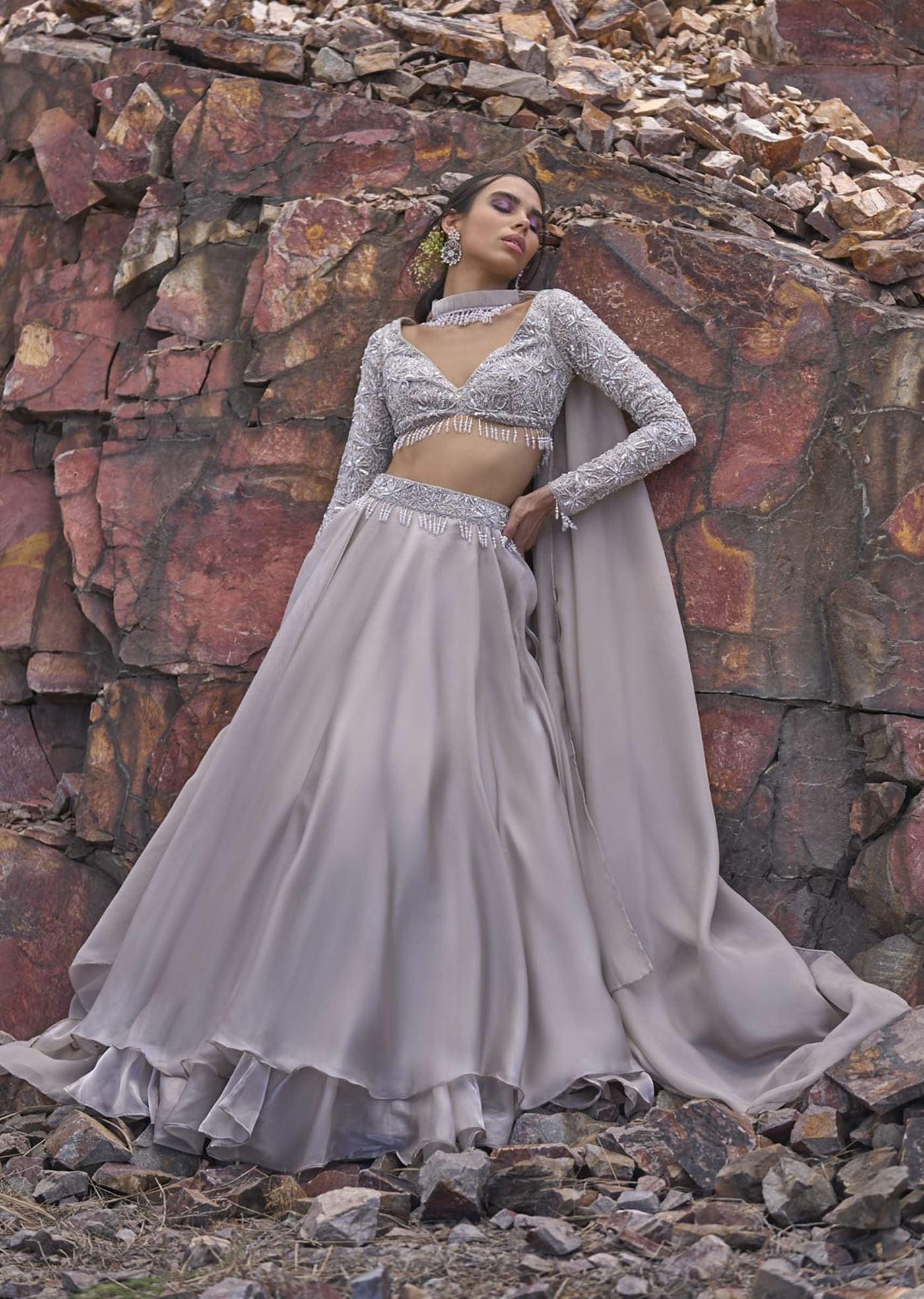 White Ruffle Lehenga With Blouse And Choker Dupatta