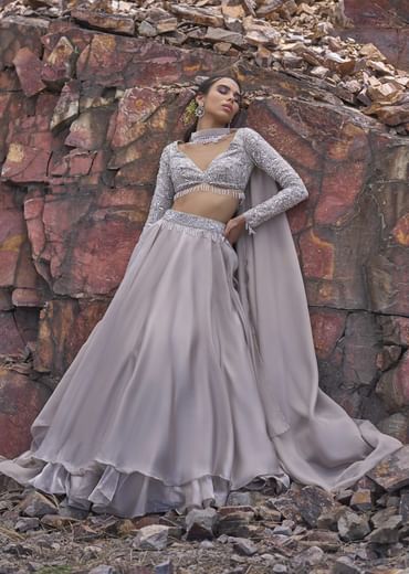 White Ruffle Lehenga With Blouse And Choker Dupatta