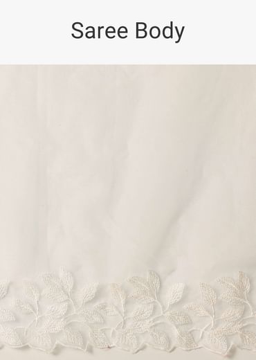 White Saree In Organza With Floral Motif Border And Unstitched Blouse Piece White Saree In Organza With Floral Motif Border And Unstitched Blouse Piece