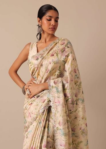 White Saree With Cutwork Scallop Border In Tussar And Unstitched Blouse Piece