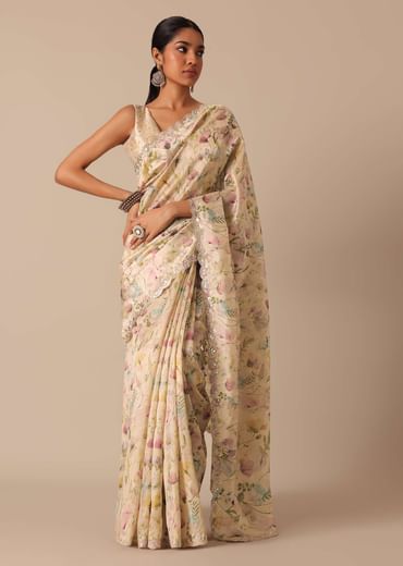 White Saree With Cutwork Scallop Border In Tussar And Unstitched Blouse Piece