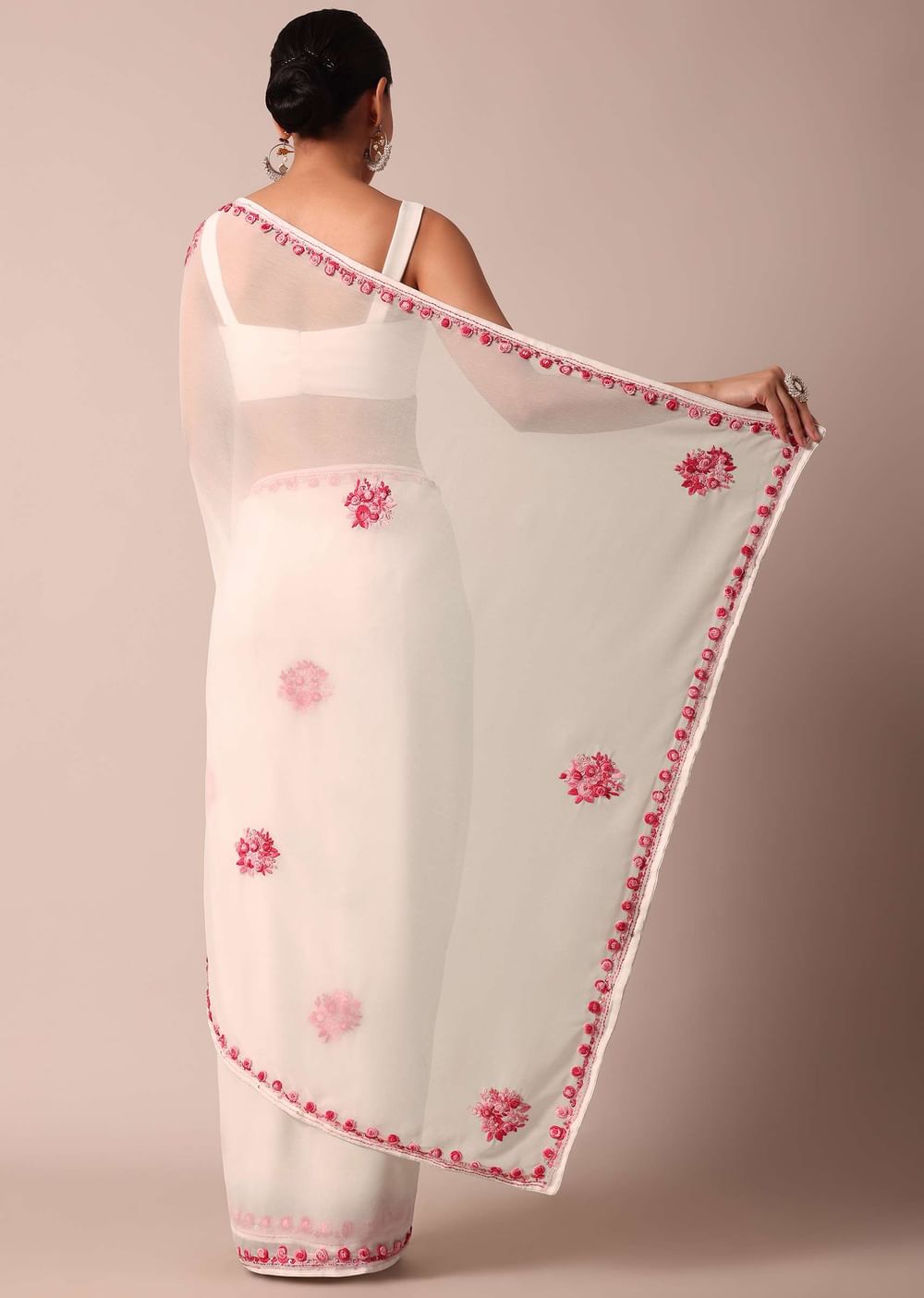 White Saree With Floral Embroidery And Unstitched Blouse Piece