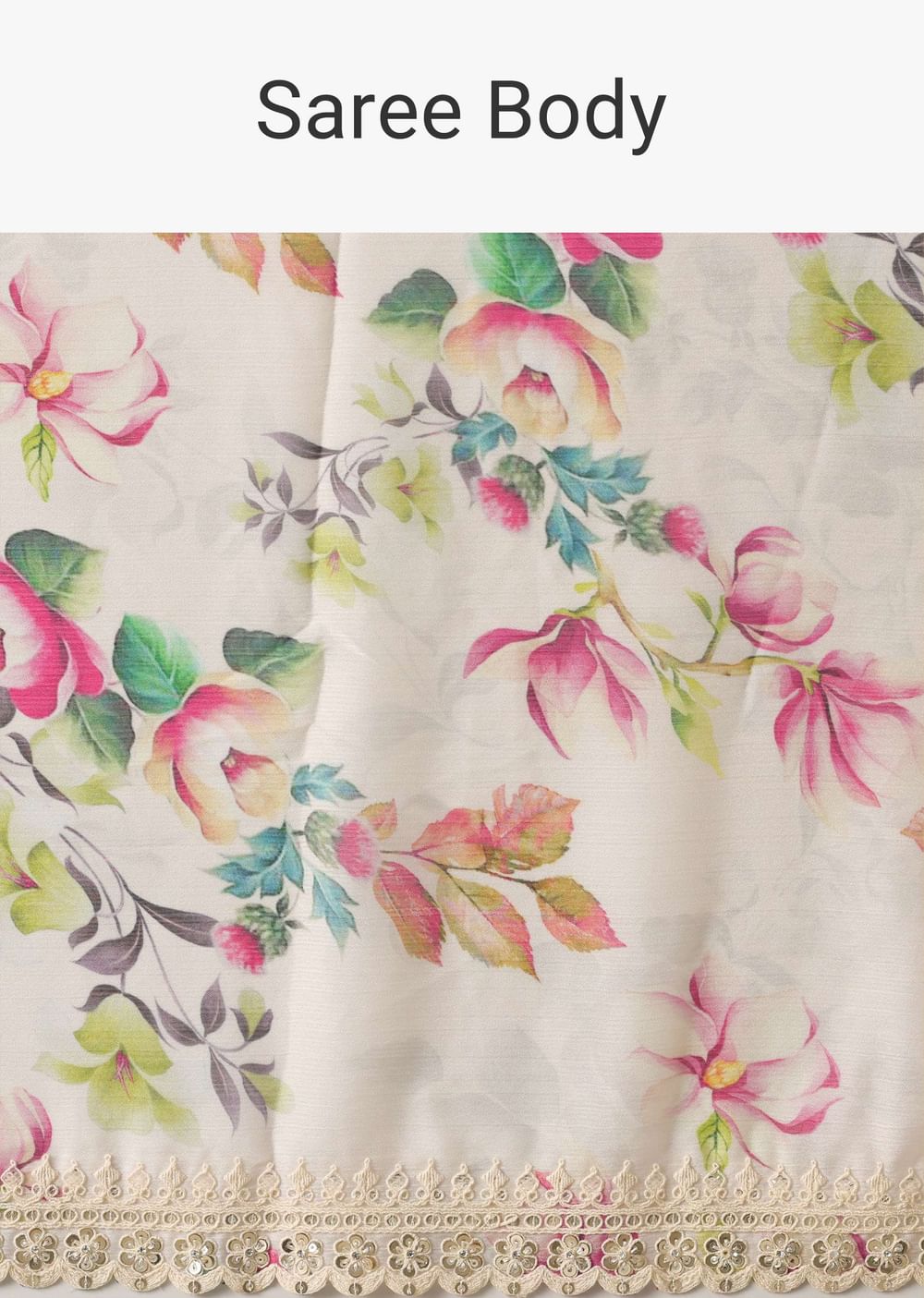 White Saree With Floral Prints And Unstitched Blouse Piece