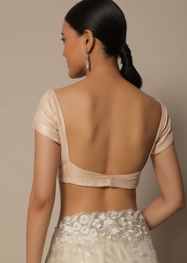 White Satin Saree With Floral Motif Thread Work And Unstitched Blouse Piece