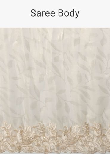 White Satin Saree With Floral Motif Thread Work And Unstitched Blouse Piece