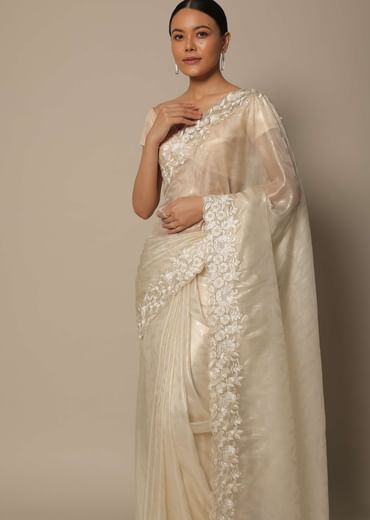 White Satin Saree With Floral Motif Thread Work And Unstitched Blouse Piece