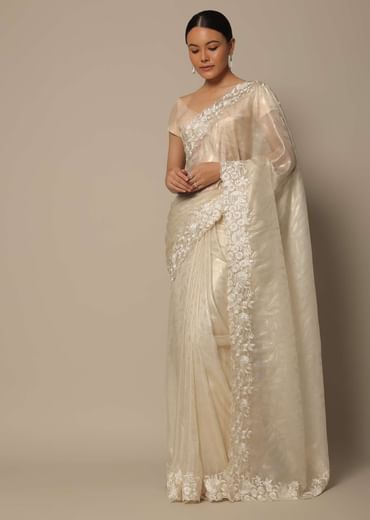 White Satin Saree With Floral Motif Thread Work And Unstitched Blouse Piece