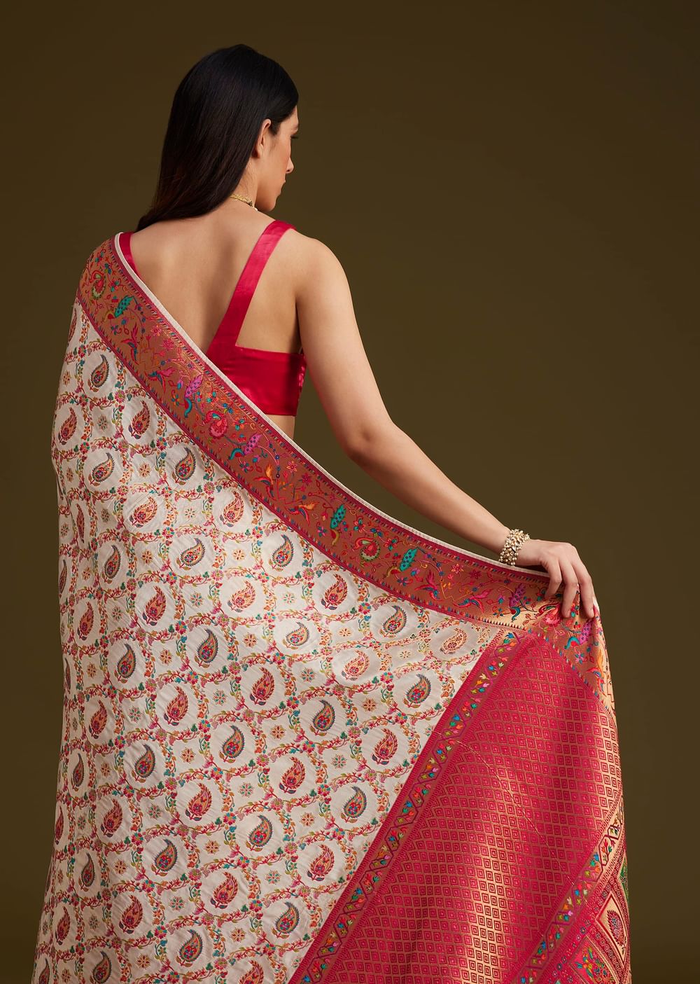 White Satin Silk Saree With Jaal Work and Zari Woven Border