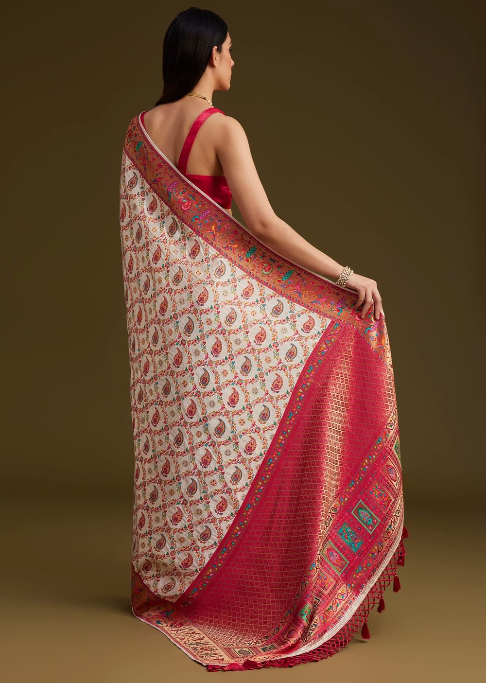 White Satin Silk Saree With Jaal Work and Zari Woven Border