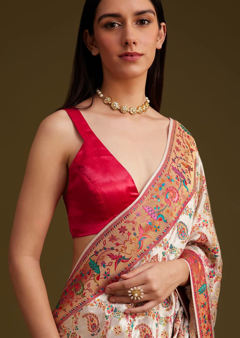 White Satin Silk Saree With Jaal Work and Zari Woven Border
