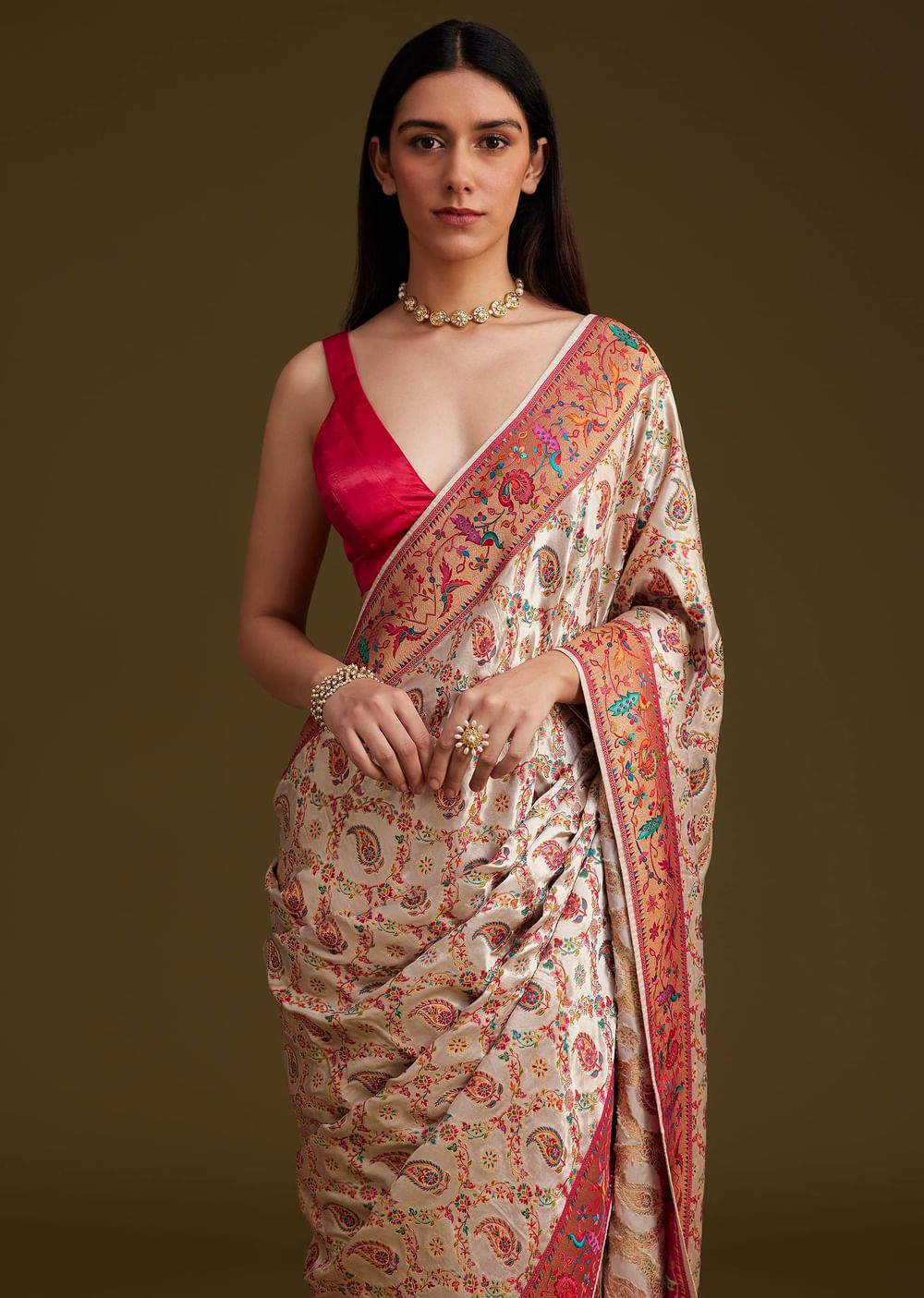 White Satin Silk Saree With Jaal Work and Zari Woven Border