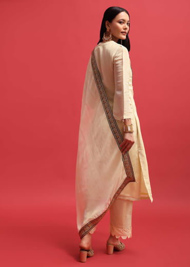 White Sequin Embroidered Tissue Kurta Set With Dupatta