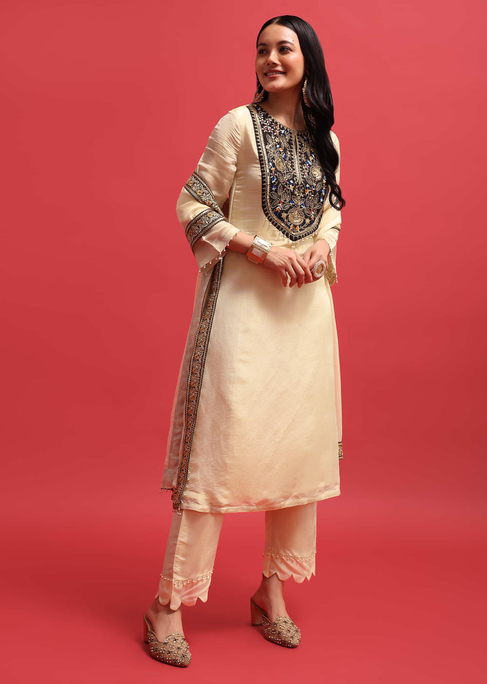 White Sequin Embroidered Tissue Kurta Set With Dupatta