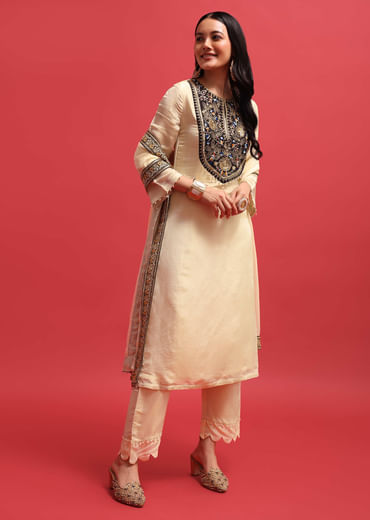 White Sequin Embroidered Tissue Kurta Set With Dupatta