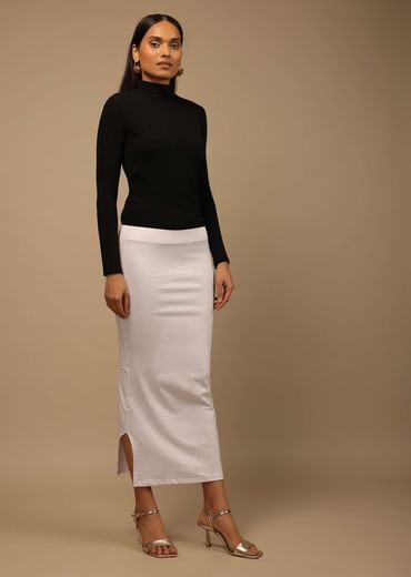 White Shapewear Saree Petticoat In Cotton Lycra With Elastic Waistband And Slit