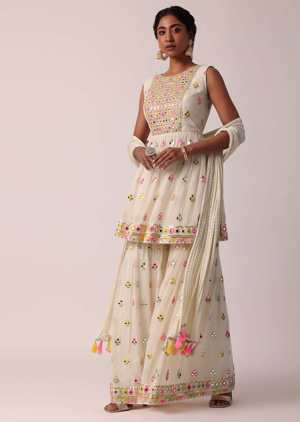White Sharara Set With Mirror Work Kurta