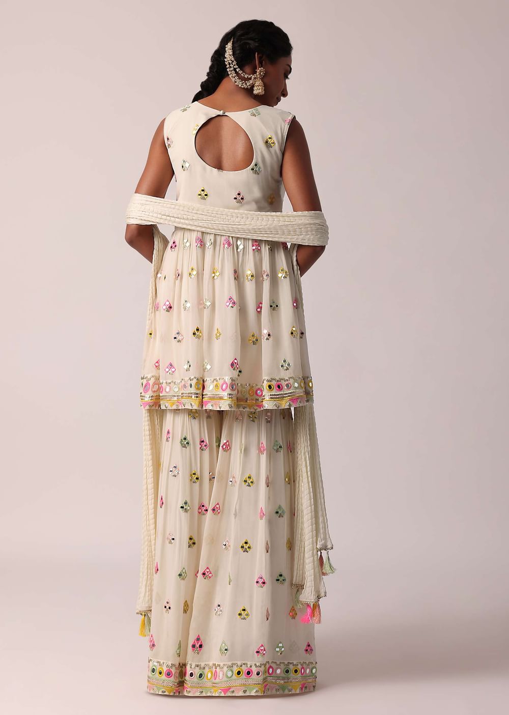 White Sharara Set With Mirror Work Kurta