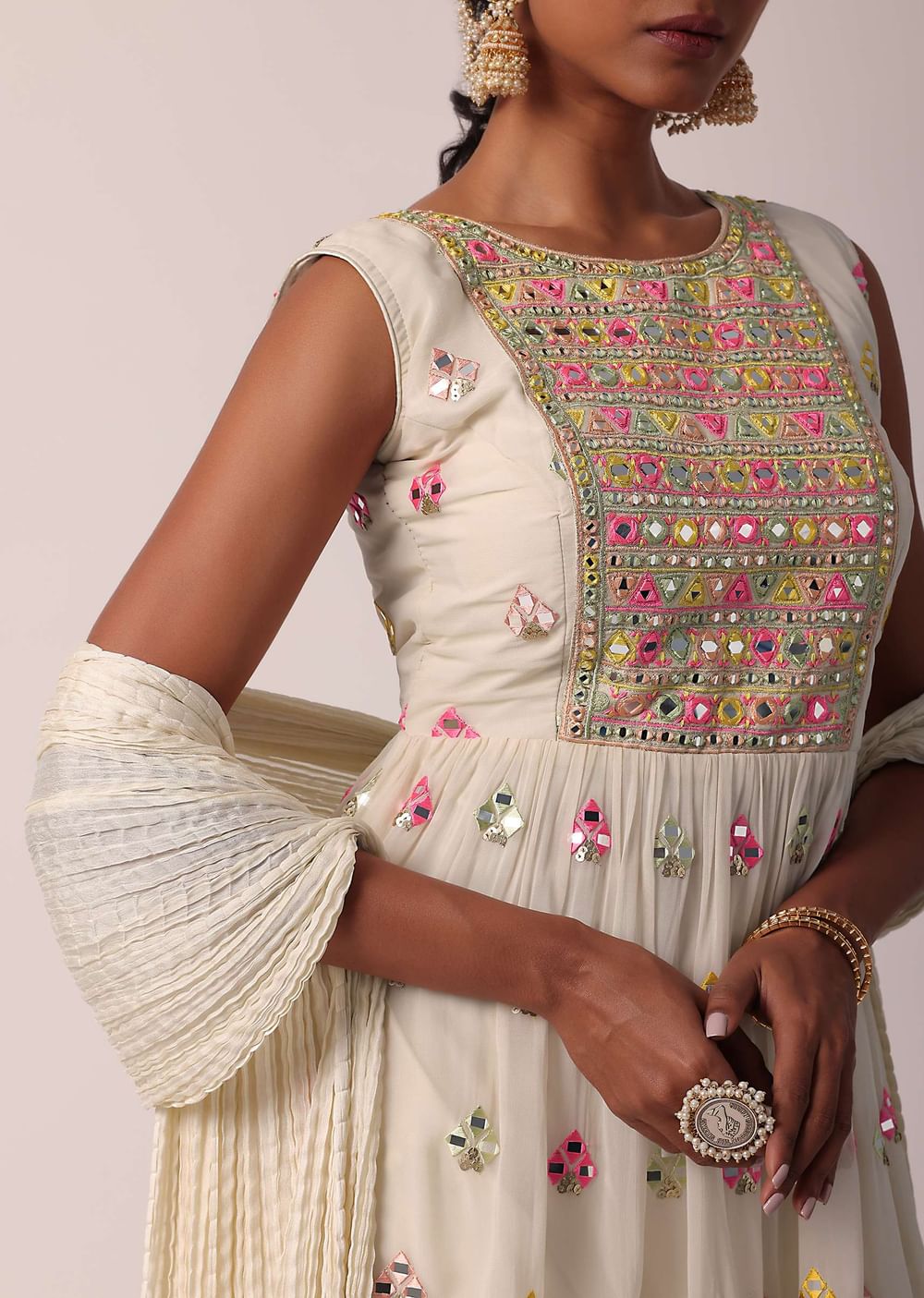 White Sharara Set With Mirror Work Kurta