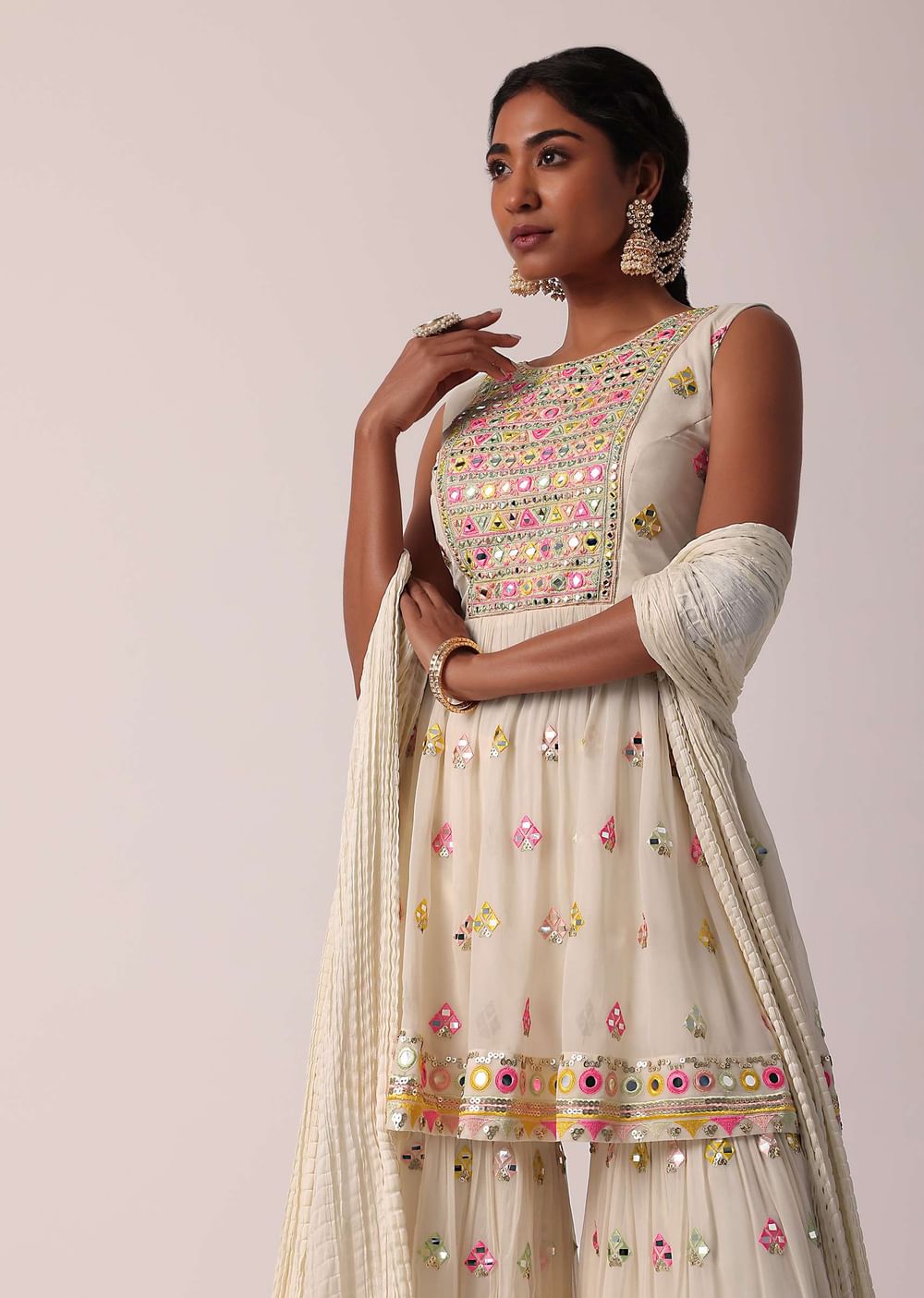White Sharara Set With Mirror Work Kurta