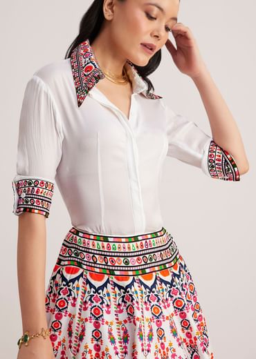 White Shirt With Vibrant Printed Skirt