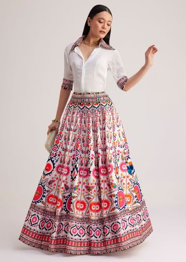 White Shirt With Vibrant Printed Skirt