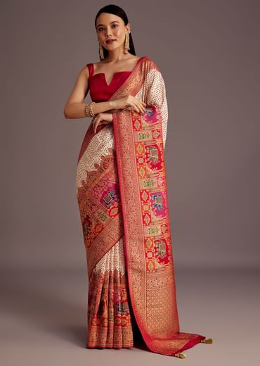 White And Red Silk Saree with Elephant Jamdani Print