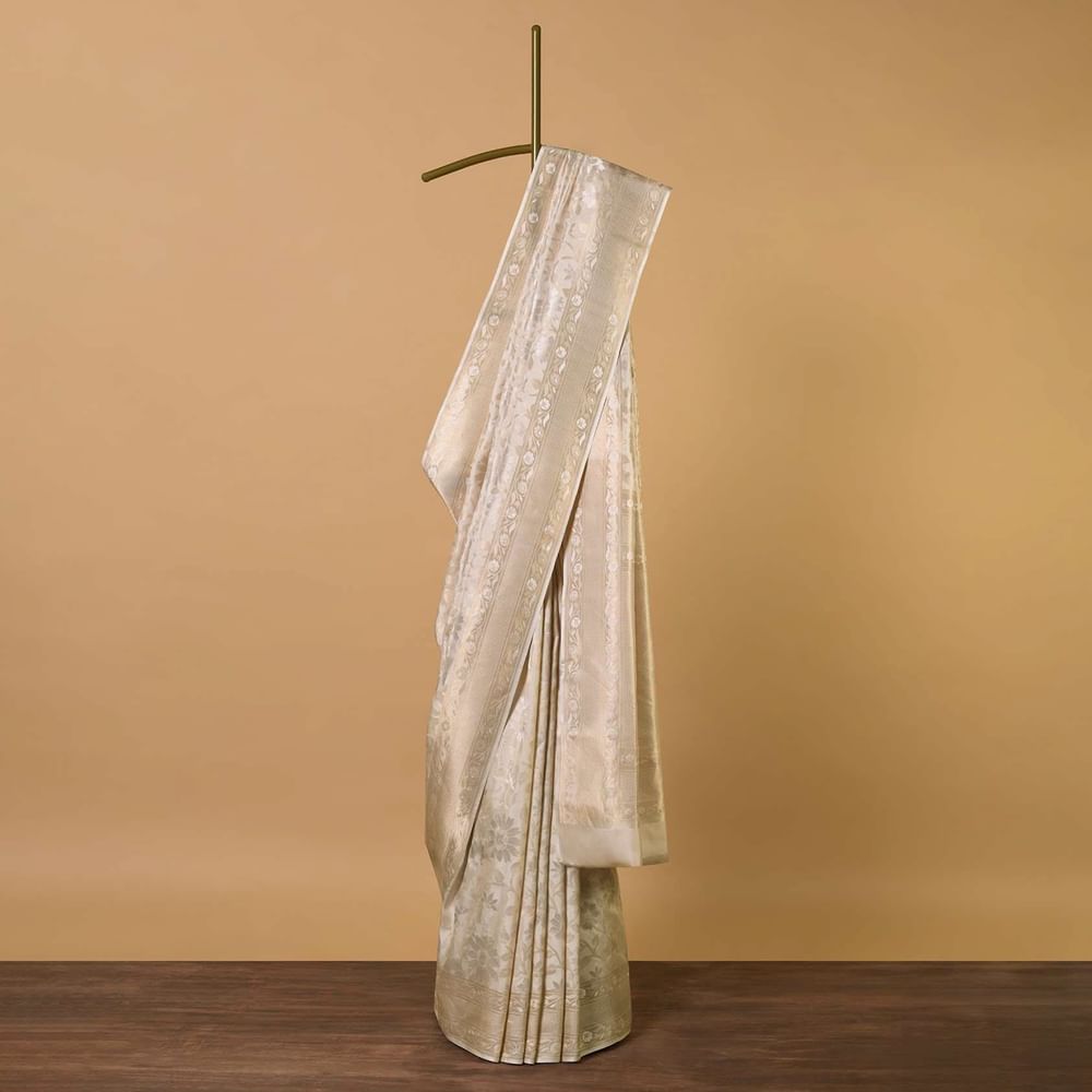 White South Dharmavaram Silk Saree With Antique Zari Weave And Unstitched Blouse Fabric