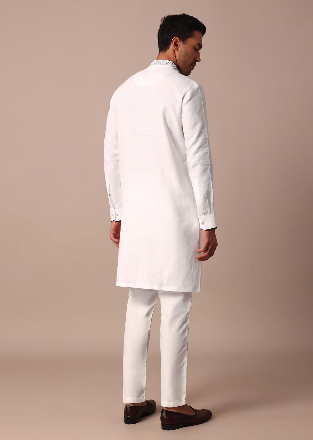 White Straight Linen Kurta With Yoke Detail
