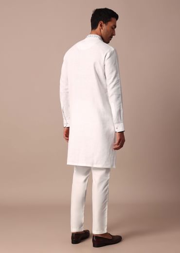 White Straight Linen Kurta With Yoke Detail