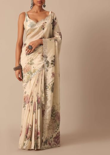 Cream Tussar Saree With Scallop Border And Unstitched Blouse Piece