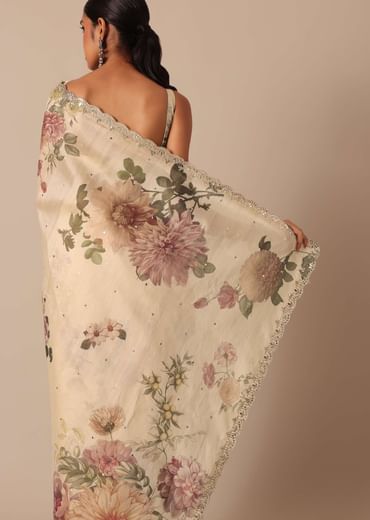 Cream Tussar Saree With Scallop Border And Unstitched Blouse Piece