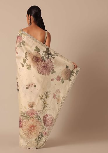 Cream Tussar Saree With Scallop Border And Unstitched Blouse Piece