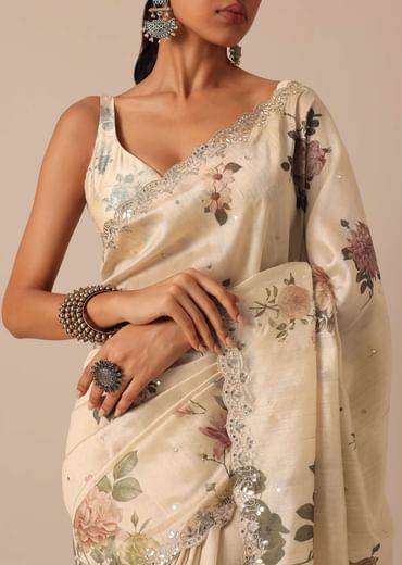 Cream Tussar Saree With Scallop Border And Unstitched Blouse Piece