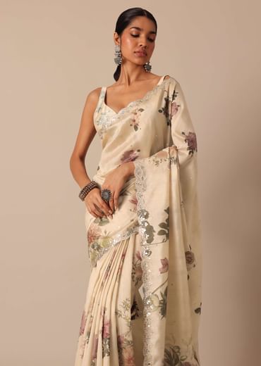 Cream Tussar Saree With Scallop Border And Unstitched Blouse Piece