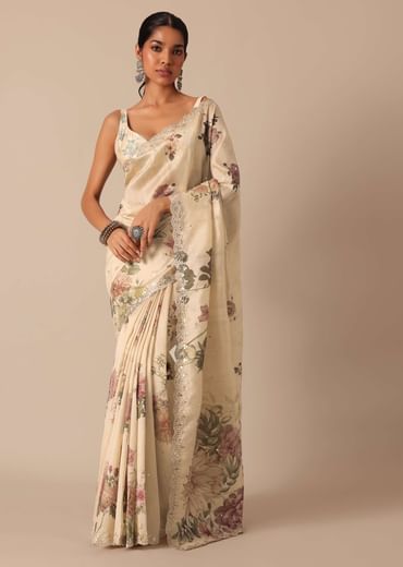 Cream Tussar Saree With Scallop Border And Unstitched Blouse Piece