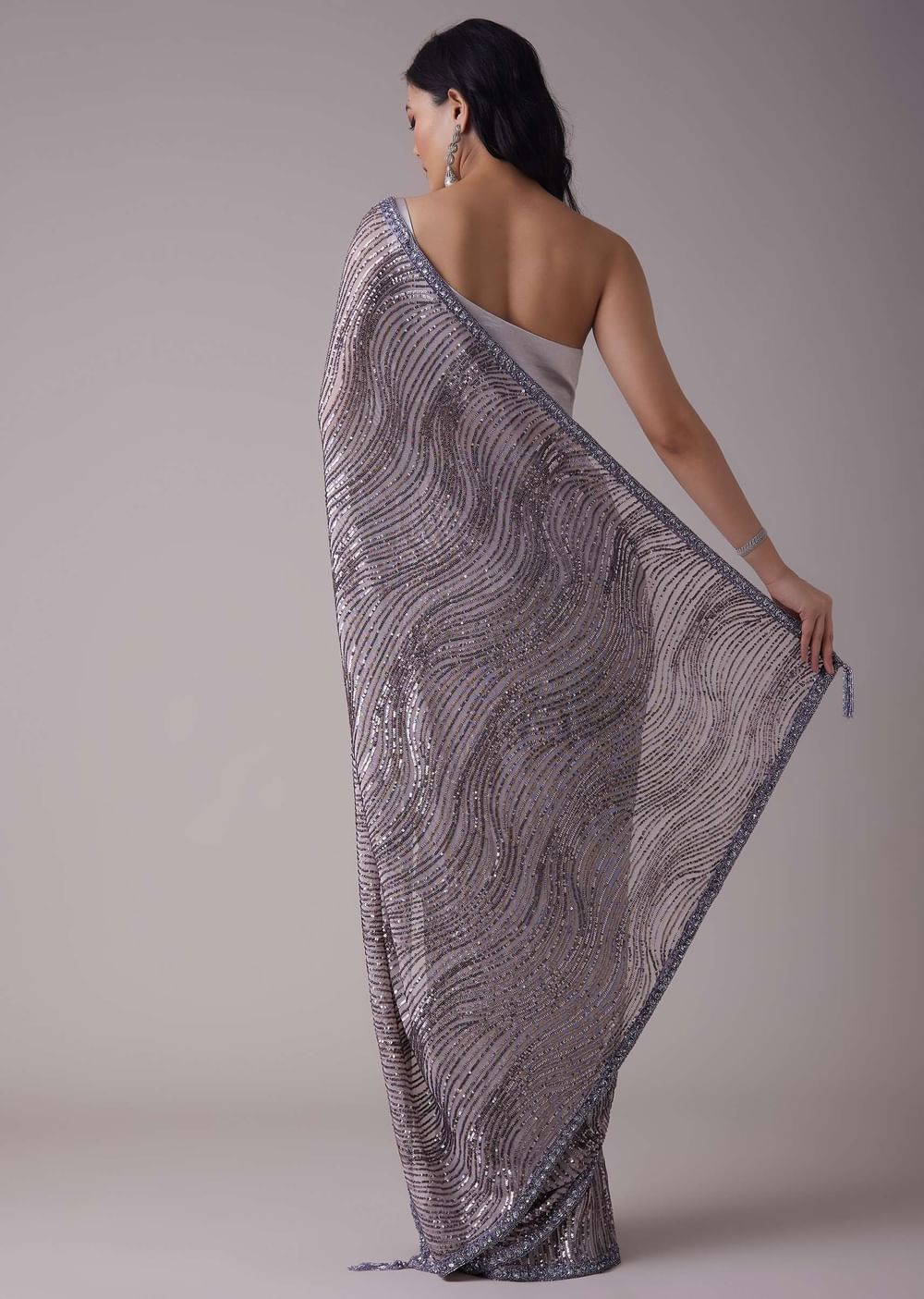 Wind chime grey sequins saree with embellished border