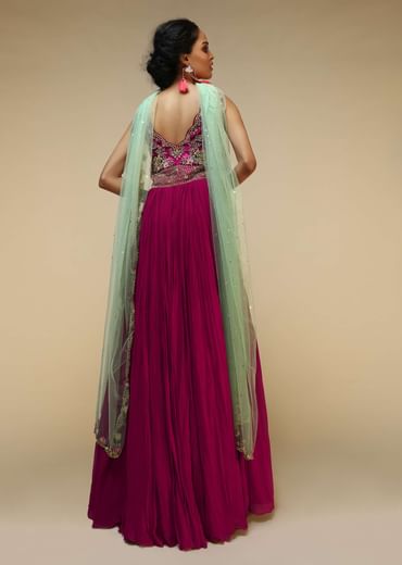 Wine Anarkali Suit In Georgette With A Heavily Hand Embroidered Bodice Featuring Multi Colored Resham And Beads