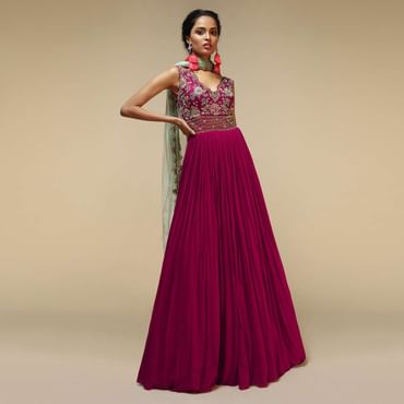 Wine Anarkali Suit In Georgette With A Heavily Hand Embroidered Bodice Featuring Multi Colored Resham And Beads
