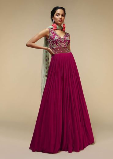 Wine Anarkali Suit In Georgette With A Heavily Hand Embroidered Bodice Featuring Multi Colored Resham And Beads