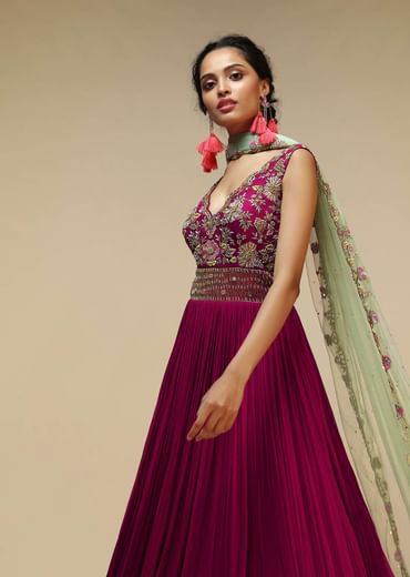 Wine Anarkali Suit In Georgette With A Heavily Hand Embroidered Bodice Featuring Multi Colored Resham And Beads