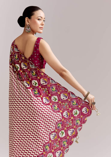 Wine And Off White Satin Saree With Ikat-Style Floral Birds Border