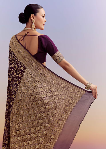 Wine Banarasi Silk Saree With Heavy Zari And Jaal Work